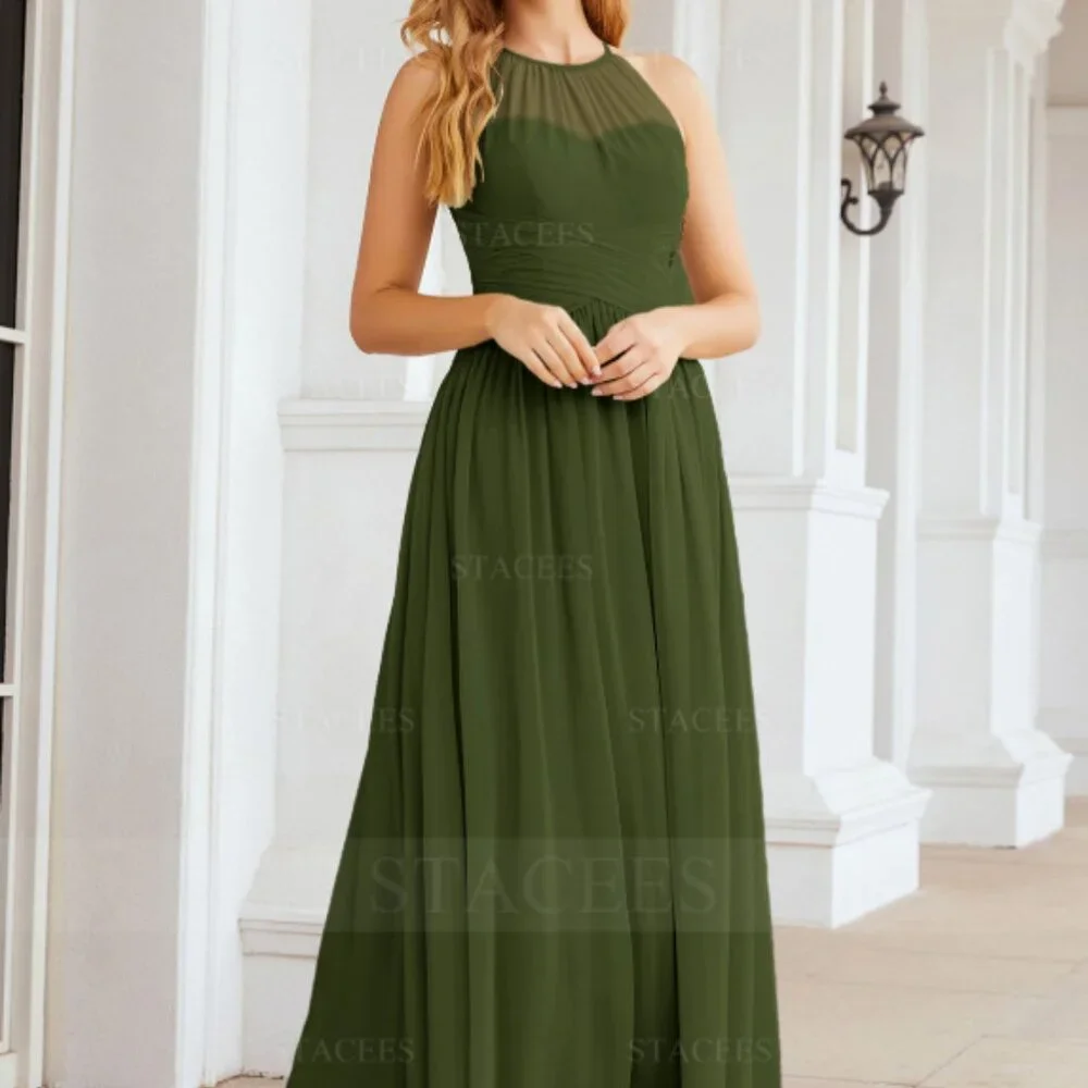 *UNOPENED* STACEES Long A-line Halter Chiffon *Olive* Bridesmaid Dress W/ Pleats - Picture 4 of 4